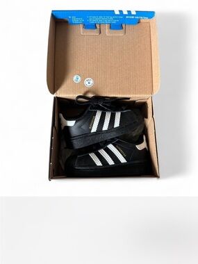 adidas Kids Black White Shell-Toe Sneakers with Gold Logo